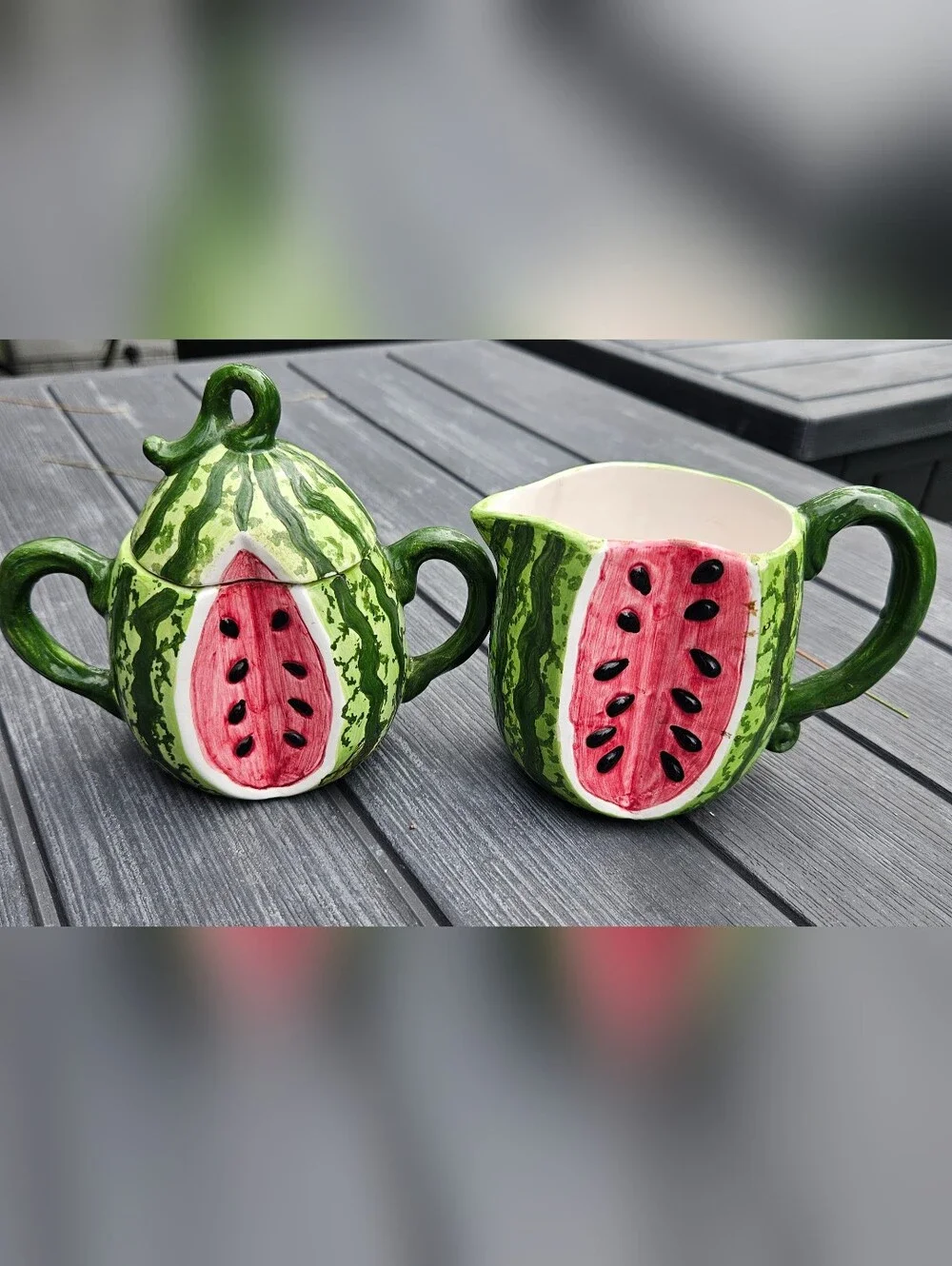 vintage 1993 Boston Warehouse Watermelon creamer and sugar bowl set.